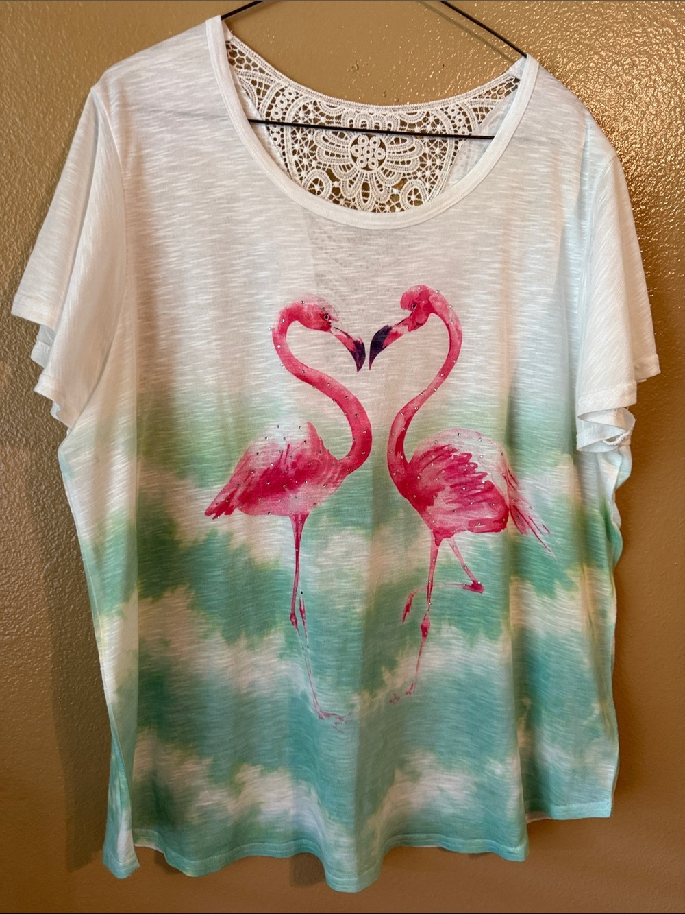 Time and Tru White Tee with Pink Flamingo Graphic and Teal Ombre Waves